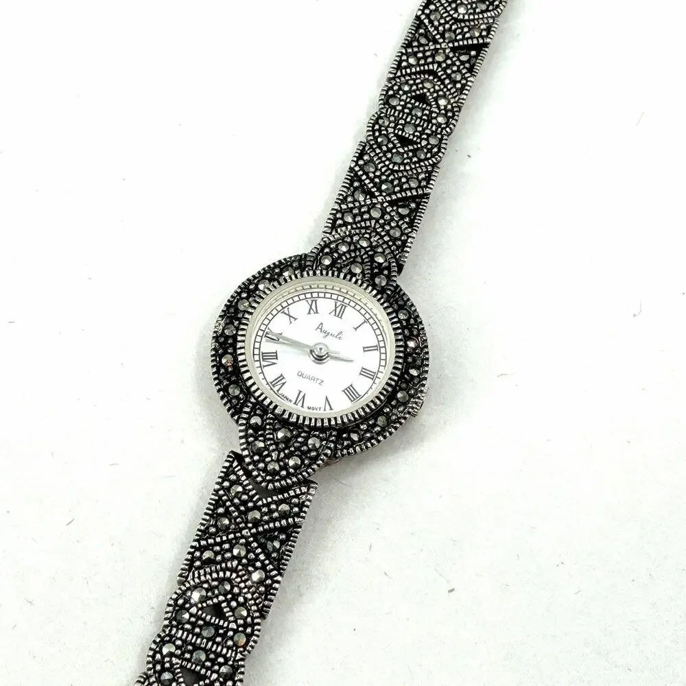 Vintage Anjuli Sterling Silver & Marcasite Womens Cocktail Watch